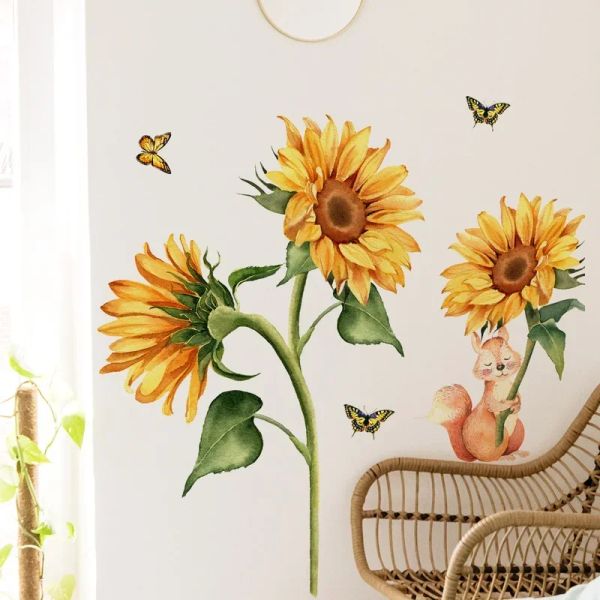 Pegatinas de girasol, mariposas amarillas, autoadhesivas, pegatinas de pared, decoración del hogar, decoración de pared, accesorios para el hogar, papel tapiz