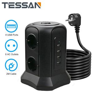 Pegatinas Tessan Black Tower Power Strip Protección de sobrecarga vertical con 6 salidas de CA 4 puertos USB Cable de extensión de 2m para teléfono inteligente, mp3