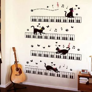 Autocollants muraux le chat sur le Piano, autocollants musicaux pour chambres d'enfants, plinthes de fond artistique en PVC, décoration murale papillon