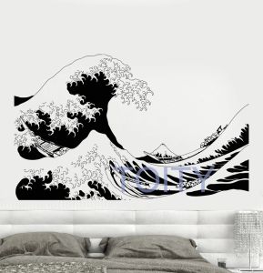 Stickers De Grote Golf van Kanagawa Muurtattoo Japanse Zeilers Boot Vinyl Sticker Interieur Kamer Decor Muurschildering Huishoudartikelen H57cmxB91cm