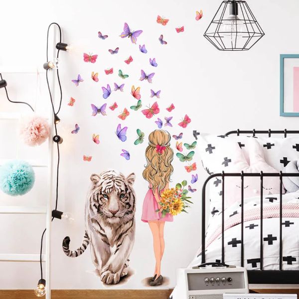 Pegatinas Tigre niña mariposa dibujos animados creativos pegatinas de pared vinilo extraíble PVC decoración del hogar para sala de estar dormitorio