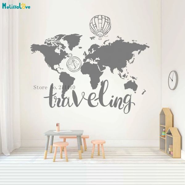 Autocollants Vinyl Traveling World Map Wall Autocollant Hot Air Ballon décalcomanies à la maison pour bébé chambre bébé Studio Nursery Affiche mignonne YT756