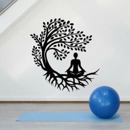 Autocollants muraux en vinyle, racines d'arbre, feuilles, décor de salle de Yoga, autocollants de méditation pour filles, Pose de Yoga, méditation Zen Asana, autocollants relaxants G4745