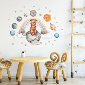 Autocollants aquarelle animaux planet mur autocollant bébé chambre enfants chambre à coucher stickers muraux nuages ​​lune