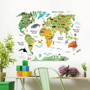 Autocollants aquarelle animaux carte du monde bricolage Stickers muraux pour garçons enfants chambre enfants chambre décoration murale autocollant pour salle de classe de maternelle