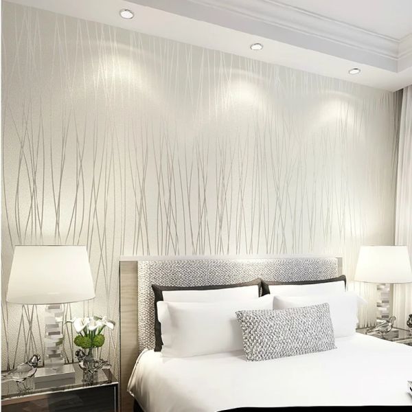 Autocollants blancs blancs solide Stripe Stripe non tissée papier peint 3D, papier peint moderne de haute qualité pour chambre à coucher décoration de maison