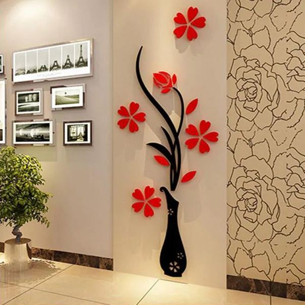 Autocollants en gros Stickers muraux acrylique 3D fleur de prunier Vase autocollants vinyle Art décoration bricolage sticker mural rouge Floral autocollant mural couleurs