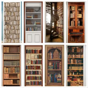 Stickers Houten Boekenplank Deurstickers Wenteltrap Bibliotheek Retro Literatuur Kunst Boekhandel Decor Renovatie PVC Behang Sticker