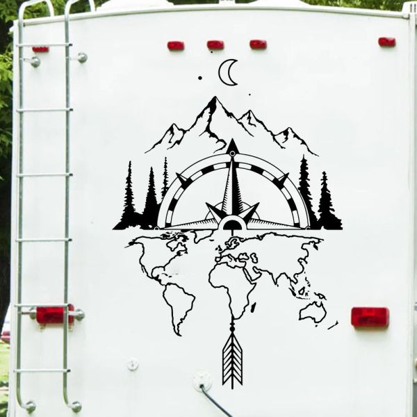 Pegatinas Mapa mundial de la brújula Camper RV Pegatina de pared Viaje Mounación Montaña Forestal Motorhome SUV Aventura Decal de pared Camping Vinyl