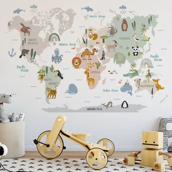 Pegatinas Mapa del Mundo Animales de la Selva Pegatinas de Pared para Habitaciones de Niños Niños Niñas Habitación de Bebé Decoración de Dormitorio Papel Tapiz de Guardería Autoadhesivo