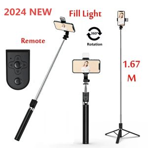 Sticks 1,67 m de long de long étendue Bluetooth Selfie Stick Stick Live Broacast Stand Tripod Roldable Roldable avec Light For Smartphones