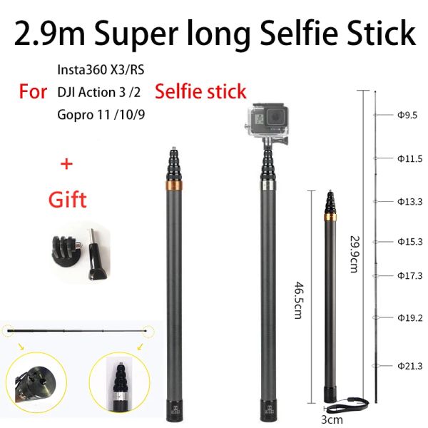 Sticks 290 cm Fibra de carbono sigiloso Selicio Extendido Stick Insta360 X3 One X2 RS Accesorio de cámara GOPRO 11 DJI Action 3 Selfie Stick