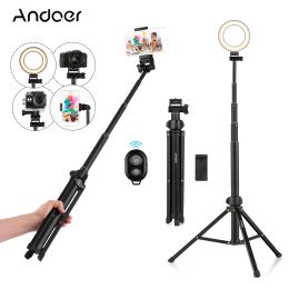 Sticks Andoer 59in 2in1 Tripod Stand+Uitbreidbare selfie stick aluminium legering telefoonhouder externe sluiter voor iPhone -foto live streaming