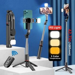 Sticks Roreta 2024 Nieuwe draadloze opvouwbare selfie -stick 1160 mm lange grootte statief met Bluetooth -sluitervulling lichtmonopod voor iPhone