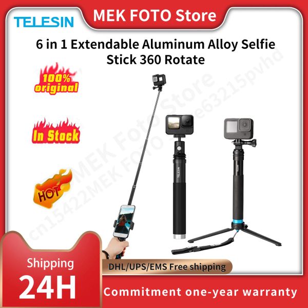 Sticks Telesin 6 in 1 Extendable Aluminium ALLIAG SELLIE Stick 360 Rotation + Trépied détachable Porte-téléphone pour GoPro Insta360 SJCAM