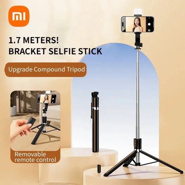 Sticks Xiaomi Téléphone cellulaire extensible Selfie Stick 1,7m avec Trépied de téléphone mobile à distance sans fil Rotation de 360 ° pour iPhone Samsung Android