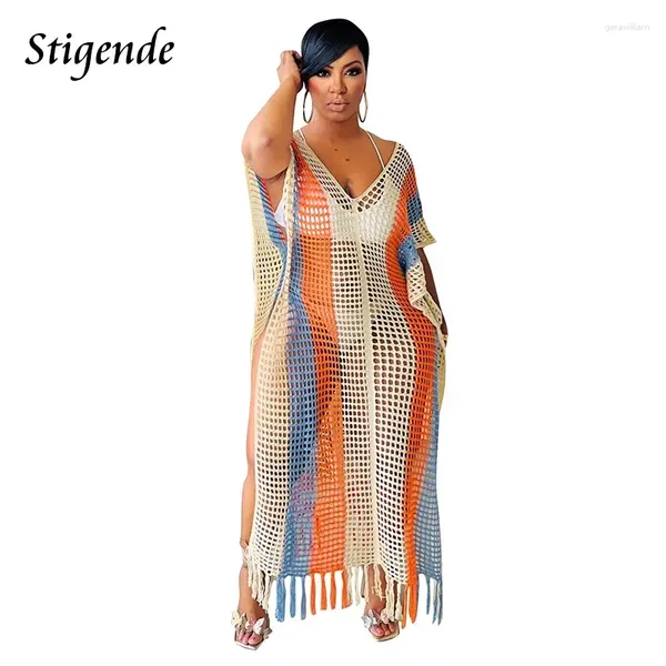 Stigende Summer Striped Treed Cover Up Femmes Sexy Side Split Hollow Out Tassels Robe Multi Color Crochet Beach Swimswear