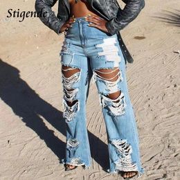 Stigende vrouwen xxxl denim broek brede been gescheurde jeans streetwear sexy holle out patchwork shredded jeans mode broek 240506