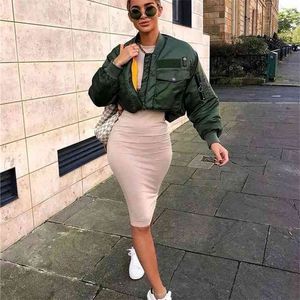 Stijlvolle Dame Herfst Winter Za Groene Korte Jassen Fashion Lange Mouwen Rits Bomber Jacket Uitloper Vrouwen Jas 210922