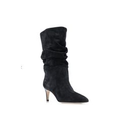 Stiletto 6,5 cm schapenvacht Suede lederen hoge hakken schoenen ridder laarzen plundering puntige tenen patroon steen lange knie halve laarsjes catwalk maat 34-43 5 5