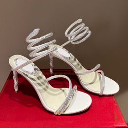 Sandalias de tacón de tacón para el zapato para mujer RC CLEO CRISTAL Cañado de la serpiente zapatos de rótula diseñadores de lujo de tobillo Fashion 9.5cm de tacón de alto tacón 35-43