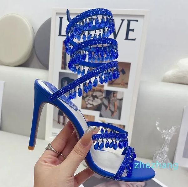 Sandalias de tacón Stiletto Sandalias de diseño de lujo Tacones de lujo Lámpara de cristal Postón Día diámetro Dímito Twining Foot anillo Tacón alto de vestidos de novia sexy para mujer Banda estrecha