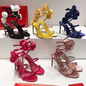 Sandalen met naaldhak Rene Caovilla Satijnen bloem Slang Strass Enkelomhullende kledingschoenen Ontwerpers Rome damessandaal met hoge hakken Avondschoenen Trouwschoenen