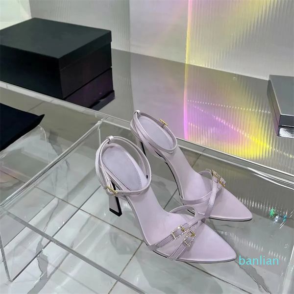 Sandalias de tacón de aguja para mujer, zapatos de diseñador de moda de 105mm, zapatos de tacón de cuero de Metal, zapatos de noche con hebilla de cuero