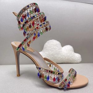 Stiletto Sandalias de tacón alto joya serpiente entrelazada elegante Sandalia Rene Caovilla cristal Zapatos de vestir de diamantes de imitación dorados Suelas plateadas mujer verano