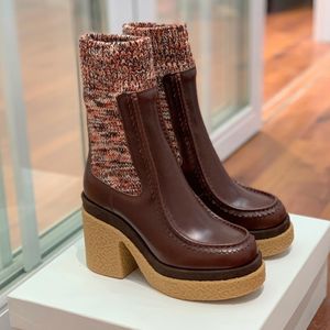 Jamie chaussettes bottes designer paire de peau de vache avec cylindre de laine tricoté élastique doux chaussures pour femmes talon épais de 10 cm fond épais bottillon à volants botte Chelsea