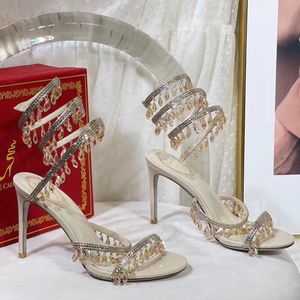 Stiletto sandalen kroonluchter Rene naakt kristal lamp ornament sandaalschoenen voor vrouwen stiletto hiel glitterzolen 9,5 cm dame designer high hakken feest bruiloft