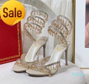 Sandalias de tacón de aguja Diseñador de lujo Rene caovilla Araña de cristal Diamante de imitación anillo de pie de tacón alto zapatos de mujer banda estrecha 10CM tacón Sandalia 35-43HHs