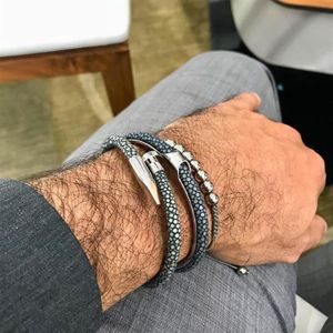 Ensemble de bracelets Stingray, manchette en acier inoxydable 316L avec cordon en cuir véritable Stingray, unique en différentes couleurs277C