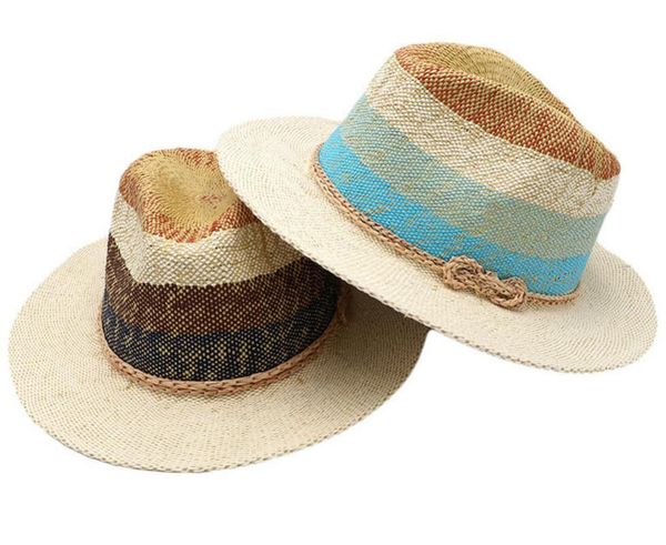 Chapeaux de ruine avare 10pcs belles femmes Summer Striped Panama hommes plage paille Fedora chapeau dames dames Paper Sun Cap trilby fedoras en gros