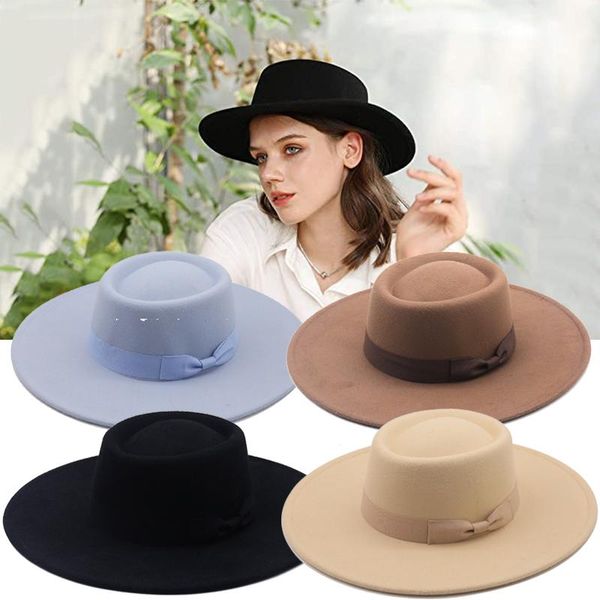 Sombreros de ala tacaña 2021 Invierno Fedora Fedoras para mujeres Moda Bowknot Plano Ancho Lana Fieltro Jazz Top Cap Bucket Hat