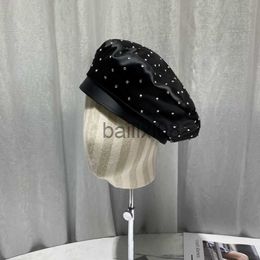 Stingy Brim Hats 2022 New Satin Rhinestone Beret Cap Moda para mujer Blk Painter Hat Primavera y otoño Sombreros octogonales Newsboy Gorras Casquette J230802