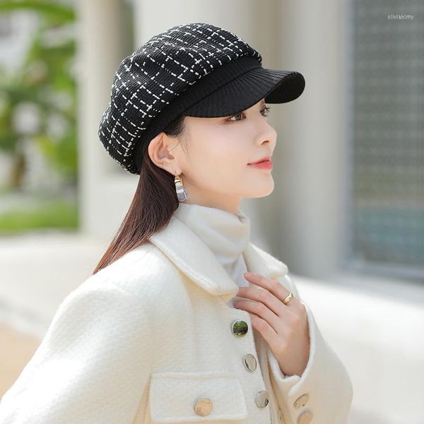 Stingy Brim Hats 2023 Moda Mujer Boinas Otoño Invierno Gorras octogonales Elegante Artista Pintor Sombrero Señoras Lana Mezcla de algodón Boina gris negro