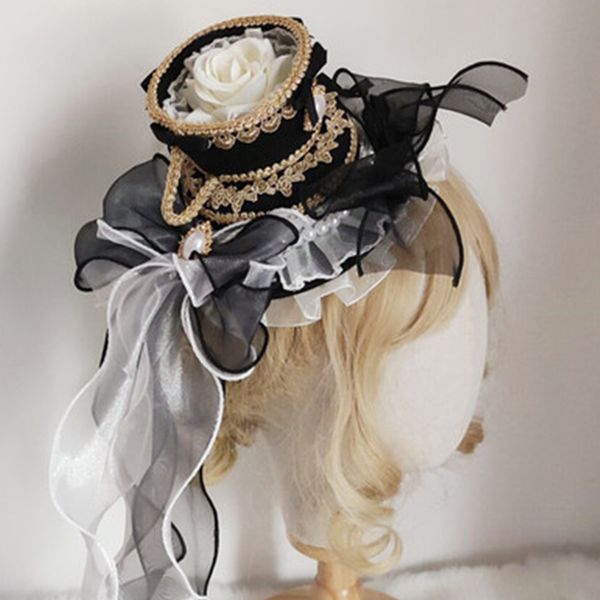 Stingy Brim Hats 4Colors Lolita Round Ruffled Lace Bow Pearl Pendant Top Hat Vintage Yarn Royal Anime Cosplay Cap Soft Tea Party Bonnet Hair Clip 230306