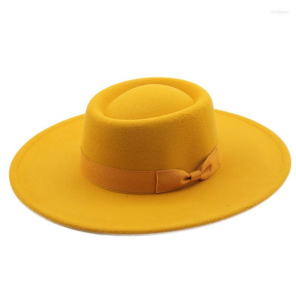 Stingy Brim Chapeaux 9.5 Cm Large Plaine Noir Plat Top Hat Canotier Femmes Laine Fedora Feutre Avec Bowknot Vintage Mariage Panama Cap