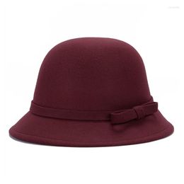 Stikte rand hoeden herfst winter fedoras caps jazz voor vrouwen elegante vintage bowknot cloche sun hoed dames koepel emmer pet bowler vilt