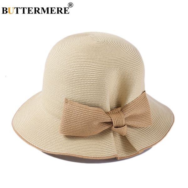 Stingy Brim Chapeaux BUTTERMERE Seau Chapeau Pour Femmes Beige Paille Japonais Soleil Caps Femme Arc Élégant D'été Plage UV Chapeau Dames Marque De Pêche Chapeaux 230411