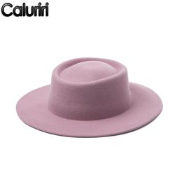 Chapeaux à bord avare Caluriri laine Fedora chapeau hiver extérieur dame élégant large 100% femmes rose tempérament 275O