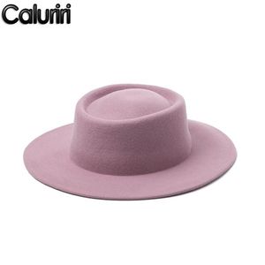 Gierig Rand Hoeden Caluriri Wol Fedora Hoed Winter Outdoor Dame Elegant Breed 100% Vrouwen Roze Temperament285n