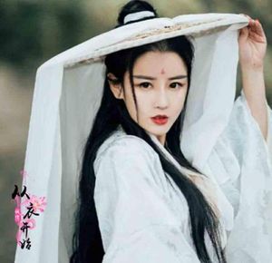 Gunstige rand hoeden Chinese oude hoed vrouwen hanfu cap met lange sluier witte rood zwart douli cosplay prop ridder gezicht cover for5328136