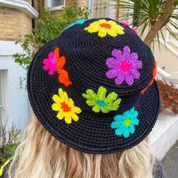 Gierig Rand Hoeden Dourbesty Gebreide Emmer Vrouwen Bloem Patroon Brede Outdoor Zon Bescherming Cap Foto Props Visser Hoed 230916