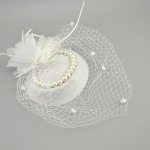 Stingy Brim Hats E JUE SHUNG Nupcial Net Feather Hats Blanco Rojo Negro Birdcage Net Wedding Hats Nupcial Fascinator Face Velos Perlas novia Sombreros 230306