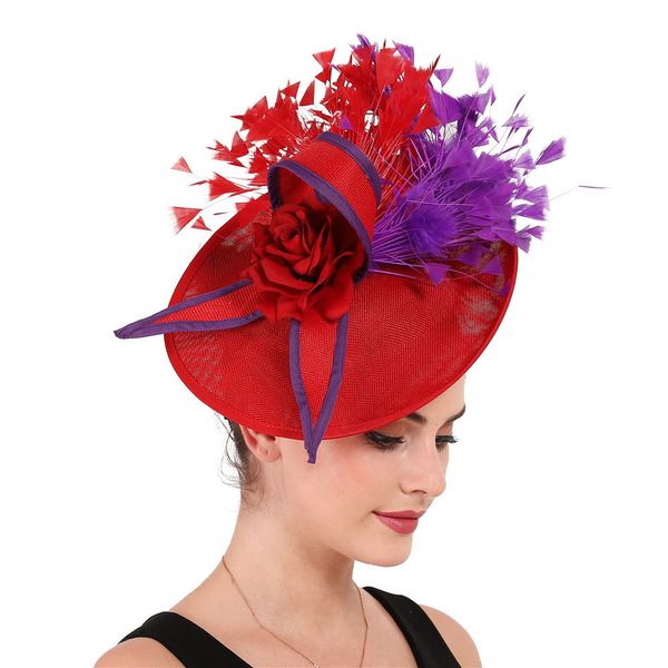 Stingy Brim Chapeaux Élégant Violet Et Rouge Plume Fascinator Mariage De Mariée Pince À Cheveux Chapeau Pour La Fête Cocktail Casque Lady Motif Floral Chapeaux 230316