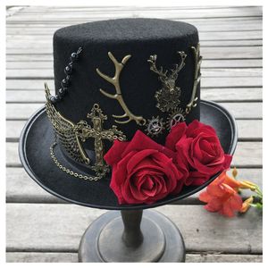 Gierig Rand Hoeden Mode Vrouwen Handgemaakte Steampunk Hoge Hoed Met Bloemen Podium Magische Hoed Feesthoed Maat 57CM Steampunk Hoed 230306