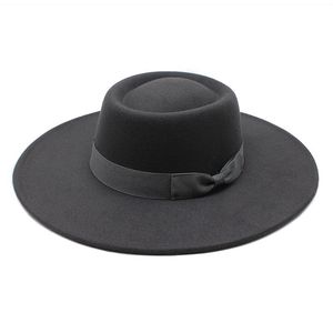Gegronde rand hoeden fedora boog hoed brede platte top panama voelde fedoras voor vrouwen kunstmatige wol blend jazz cap trilby