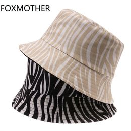 Stingy Brim Hats FOXMOTHER Moda Negro Beige Rayas Estampado de cebra Sombreros de cubo para mujeres Damas Regalos 230511